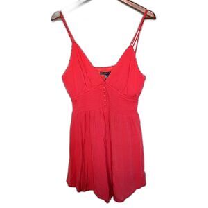 Forever 21 Stretch Crepe Babydoll Romper L Smocked Buttons Adjustable Straps Y2K